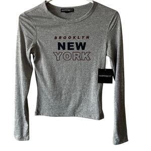 NEW Harper & Ivy Gray Long Sleeve Juniors Brooklyn New York T Shirt Sz S